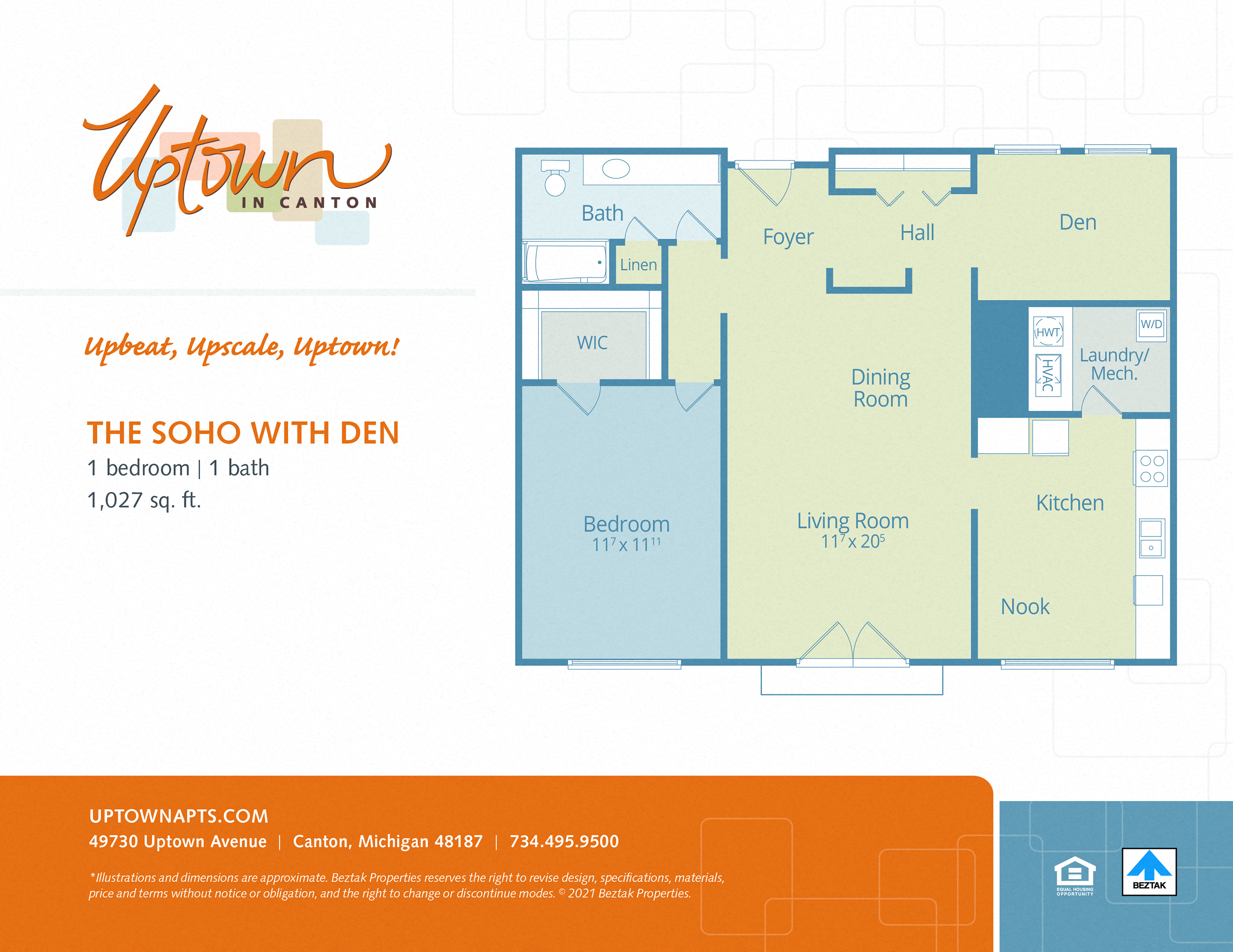 Floor plan for 1 bed, 1 bath, 1027 sqft